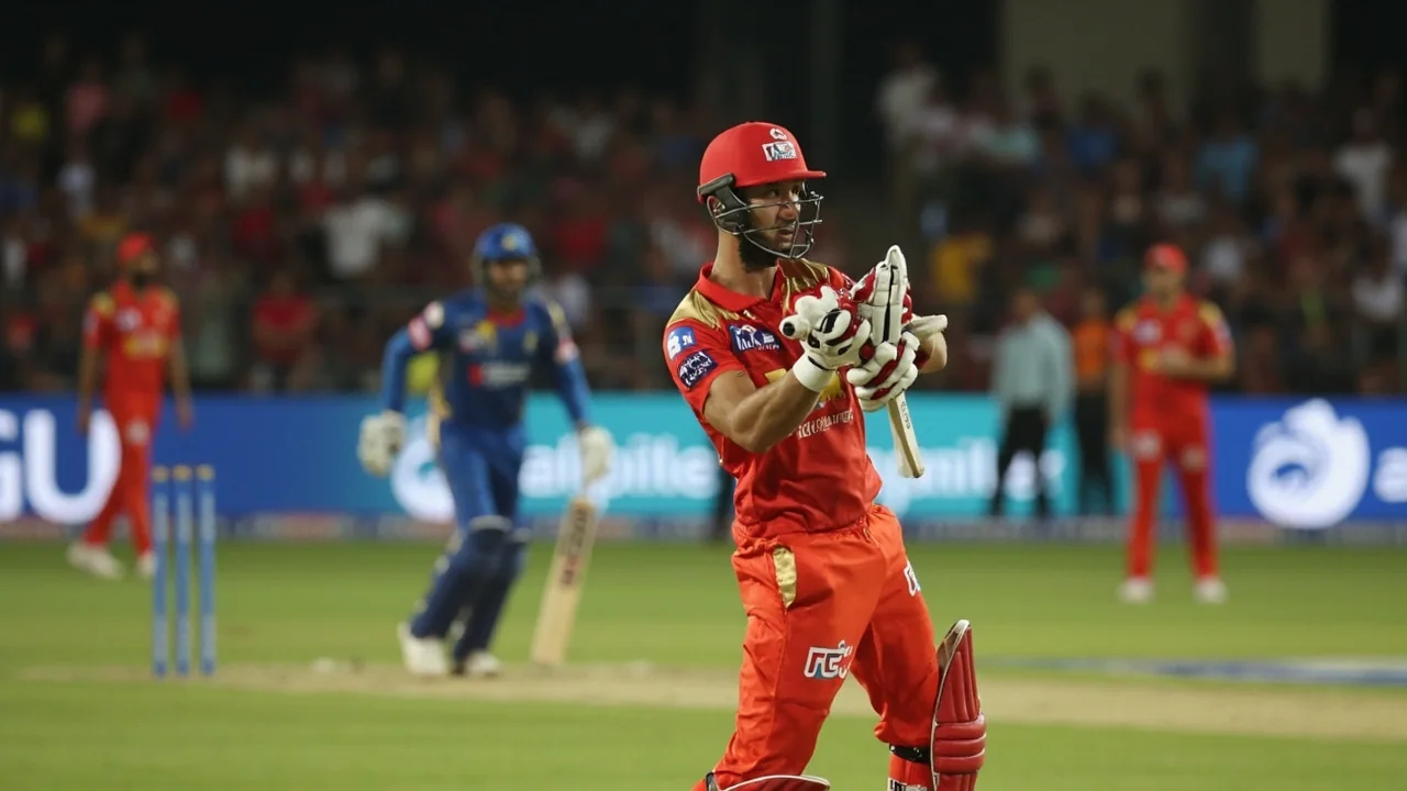 Medium shot of a captain and a bowler conferring about field placements during a day-night Indian Premier League fixture, the kind of mid-innings tactical moment that decided Punjab's 2026 close games