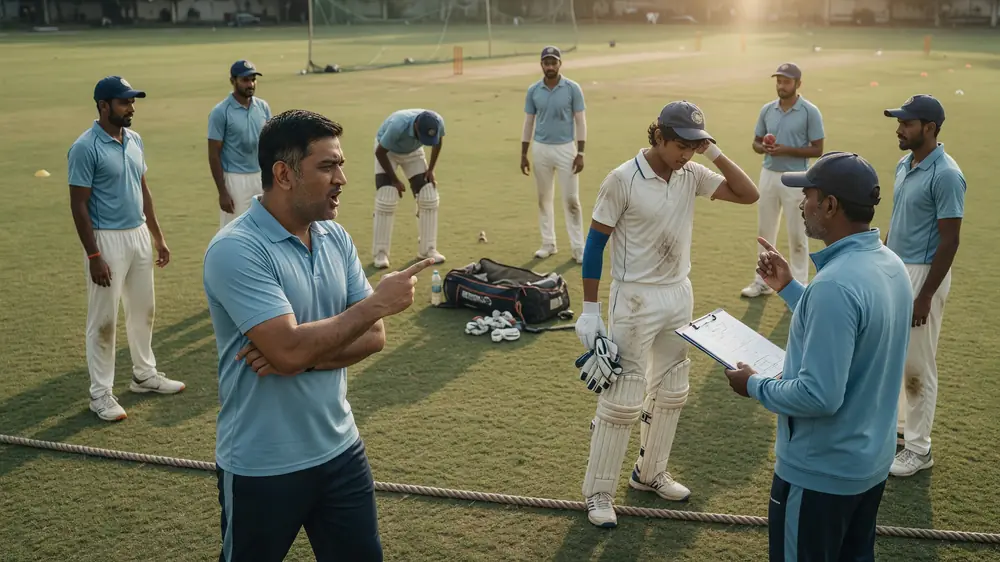 Medium shot of fielders and a bowler adjusting positions on a sunlit cricket field during a multi-day match