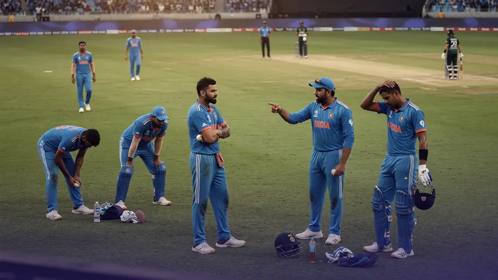 Medium shot of fielders and a bowler setting for the next delivery during a day-night cricket match