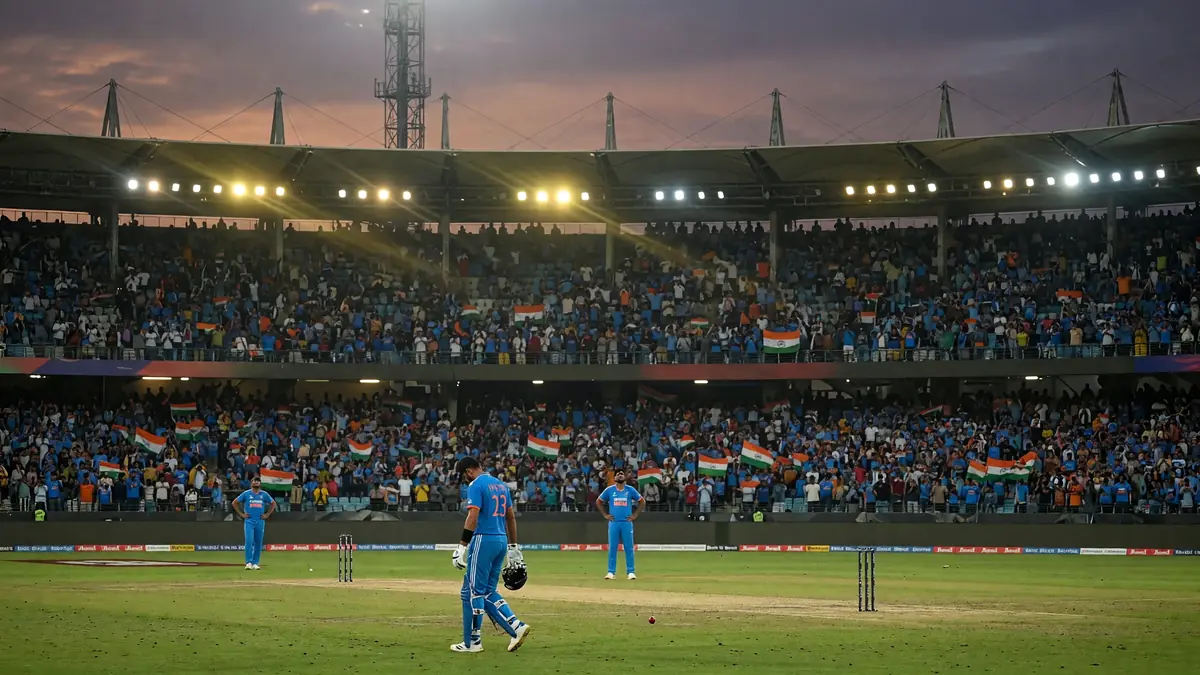 Wide evening view of a packed cricket stadium with players on the field before a T20 international