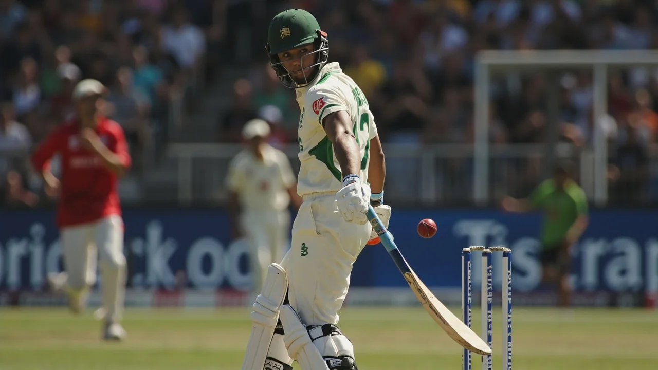 Tight sideline action frame of a batter driving through the covers during a Hundred fixture at Headingley