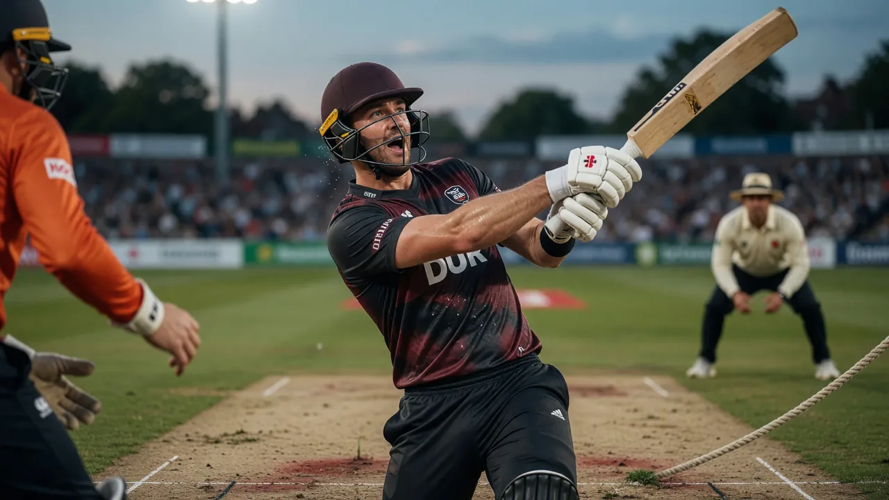 A batter drives hard through the off side during a T20 Blast innings with the field set deep on the boundary