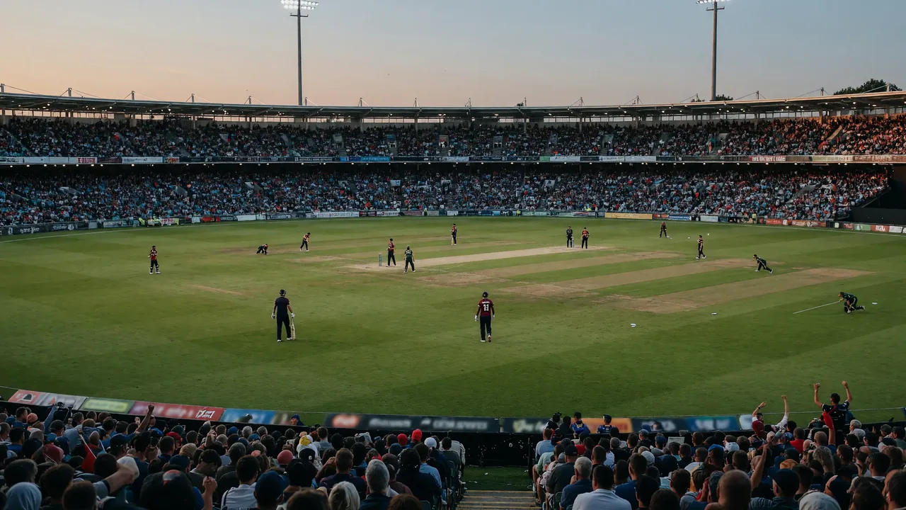 Wide establishing view of a packed county cricket ground under cloudy northern skies before a T20 Blast evening fixture