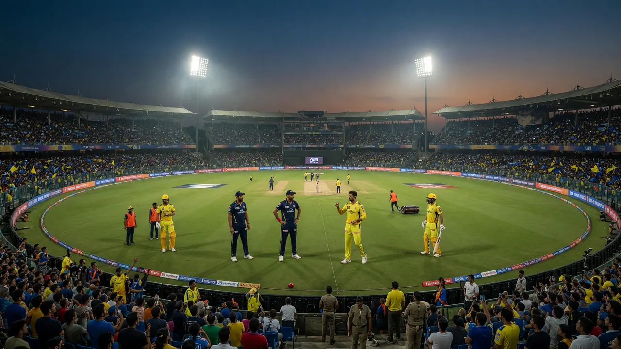 Wide evening view of a packed Delhi cricket stadium with floodlights over a green outfield before a T20 fixture