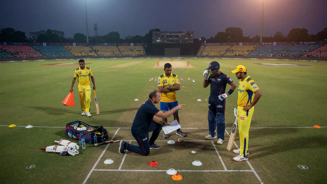 Fielders set a tight ring as a fast bowler runs in during a floodlit T20 match at a major Indian venue
